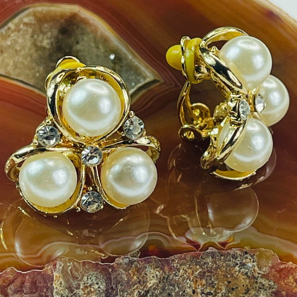 Goldtone, Faux-Pearl & Crystal Clip-On Earrings‎